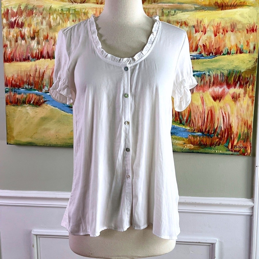 Dolan Ruffle Trim Blouse XS Women Button Front Mixed Media White Cottagecore